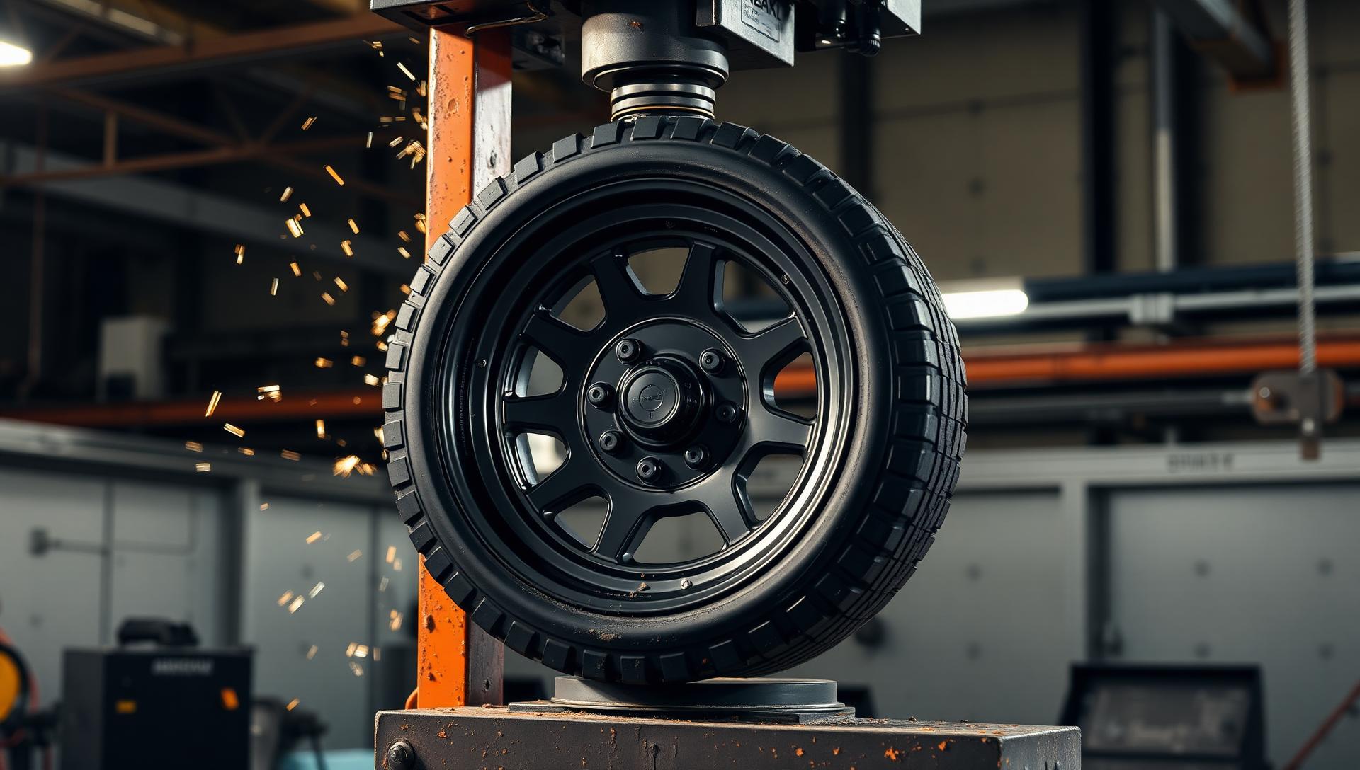 Matte black off-road wheel on hydraulic torture-test rig
