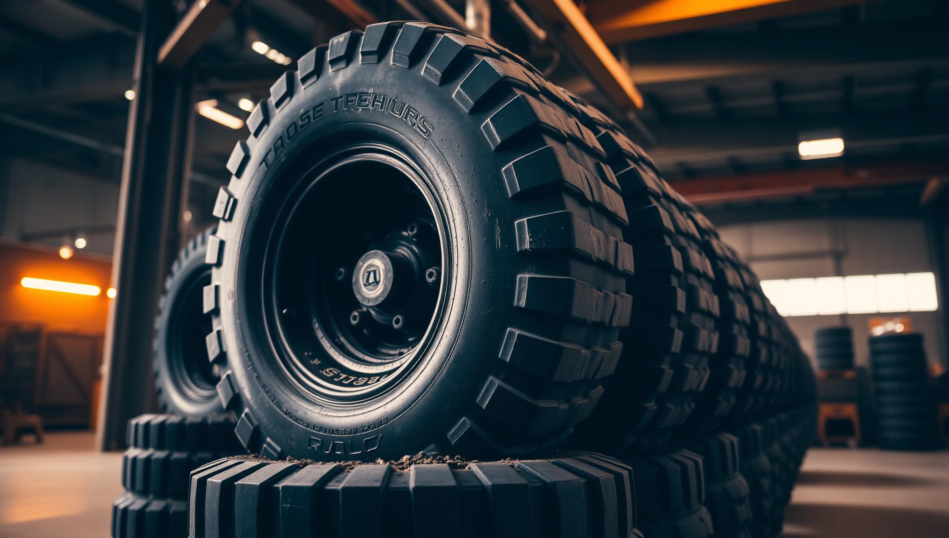 Stacked matte black off-road wheels in industrial warehouse